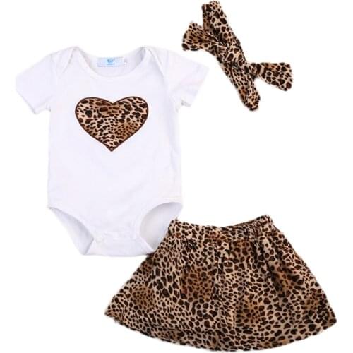 Pudcoco Summer Newborn Baby Girl Clothes print Romper Tops + Leopard Skirt+Headband 3Pcs Outfit Clothing