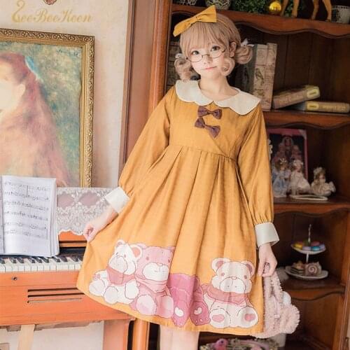 Sweet Lolita Girl Dress Yellow Princess Dress Girls Cute Bear Cosplay Doll Collar Lolita Bear Costume And Bow headwear For Women