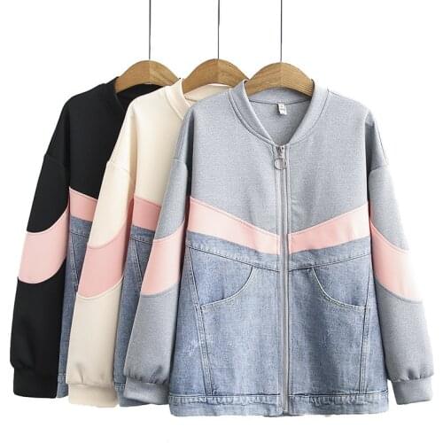 Fashion Plus size denim short jacket women spring autumn splicing casual tops zip long sleeves outerwear jean short coats KW65