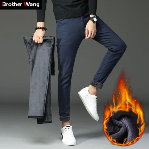 2019 Winter New Mens Warm Casual Pants Business Fashion Slim Fit Stretch Thicken Trousers Male Brand Khaki Navy Gray Pants