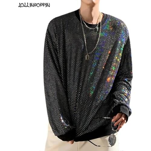 Men Colorful Sequin Crew Neck Sweatshirt Long Sleeves 2020 Spring Mens Paillette Dancing Tops Man Pullovers