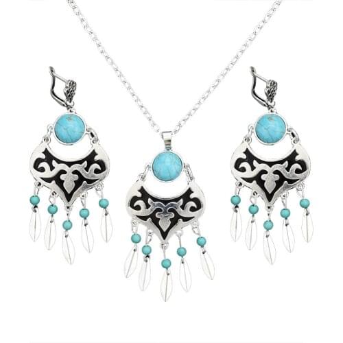 Pendant Necklace Drop Earring Set 2 Color Antique Tibetan Indian Tribe Ethnic Charm Women Engagement Jewelry Set