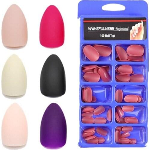 100PCS Stiletto Matte Nude Beige Hand Painted Nail Tips Press on Stick on Fake Nails Full Cover Medium False Nail Tips