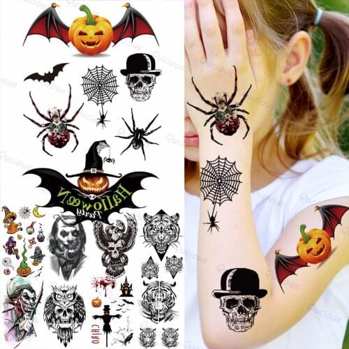 Realistic Halloween Spider Bat Temporary Tattoos For Kids Boy Clown Tiger Owl Scarecrow Fake Tattoo Sticker Arm Realistic Tatoo