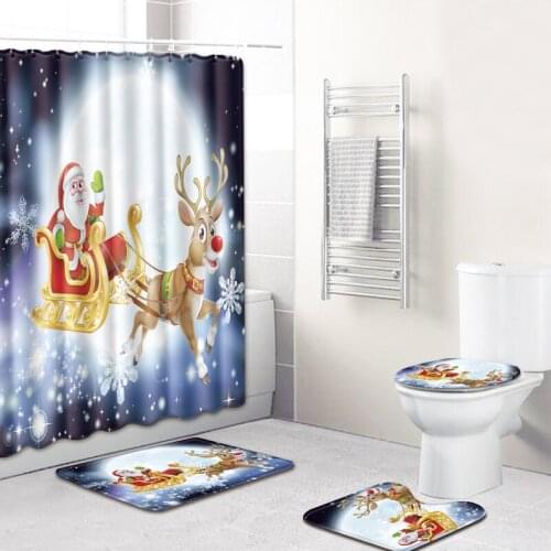 Christmas Bathroom Non Slip Mat Santa Durable Waterproof Shower Curtain Set Pedestal Rug Lid Toilet Cover Bath Carpet 4Pcs