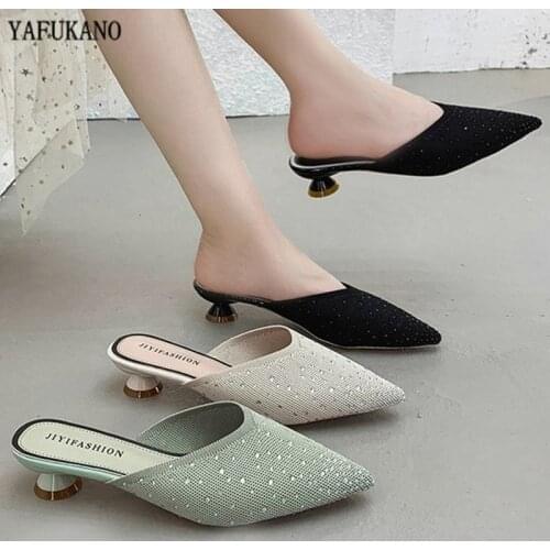 3cm Low Heels Bling Crystal Mules Slippers Summer Pointed Toe Knitted Breathable Slides Outdoor Ladies Party Green Semi Slippers
