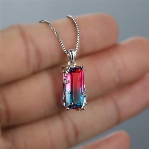 Blue Purple Crystal Rainbow Stone Tree Branches Pendants Necklaces For Women Wedding Jewelry Silver Color Chain Bridal Necklace