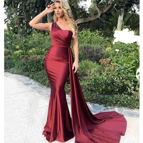One Shoulder Evening Dresses Zipper Back Floor Length Sweep Train Mermaid Silk Satin Evening Dresses vestidos de fiesta de noche