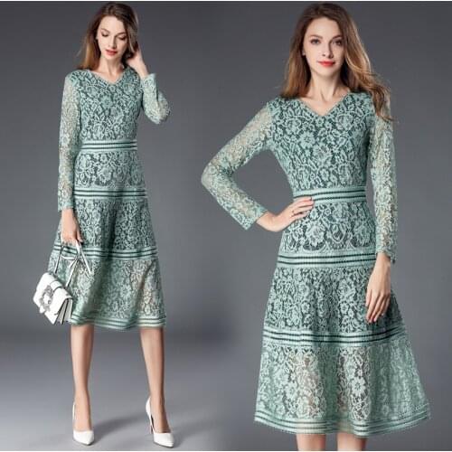 Sping Work Office Party Dresses Women Elegant Slim Floral Crochet Hollow Out Patchwork Lace Dress Vestidos