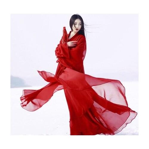 Oriental Traditional Chinese Hanfu Dress for Women Solid Red Plus Size Chiffon Folk Dance Costumes Female Vintage Tang Suit