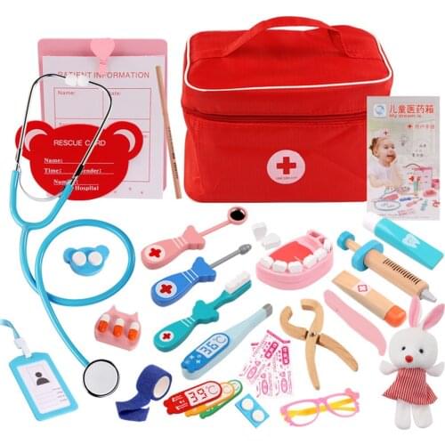 Doctor Set Pretend Play for Kids Children Kit Games for Girls Boys Kids Toy Wood Red Medical Dentist Medicine Box Cloth Bag Doll