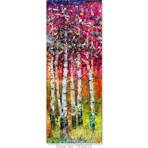 Handmade High Quality Decoration Abstract Knife Oil painting Birch Forest Landscape Painting Modern Red Tree Wall Art Picture