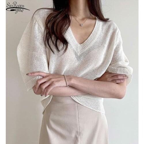 Plus Size White Tee Woman Tops 2021 Korean Loose Lantern Short Sleeve V-neck Linen Knitted Shirt Casual Tops Blusas Women 15750