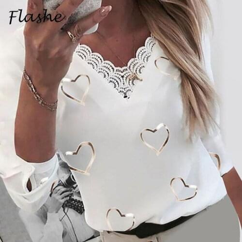 Fashion Women Casual 2021 Summer T-shirts Love Printed Patchwork V-neck Tee Shirt Long Sleeve White Tops Plus Size Free Shipping