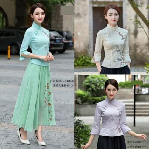 Women Chinese Qipao Cheongsam Tops Blouse Tang Suits Casual Slim Retro T-Shirts Womens Ethnic Style Embroidered Printed Top