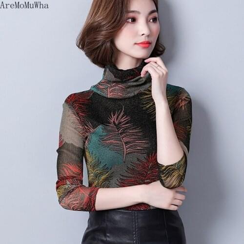 AreMoMuWha 2019 New Mesh Bottoming Shirt Female Long-sleeved Shirt Slim Thin Large Size Small Shirt Wild High Collar Shirt MH182