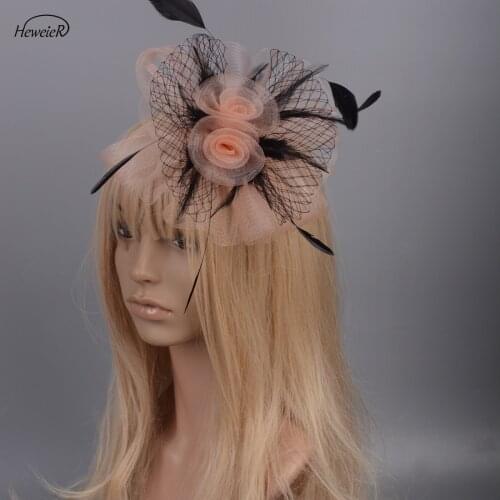 Women Fascinator Hat Champagne/Gray/Ivory Cocktail Handmade Hair Clip Feather Church Headwear Accessories Party Wedding Hairpins