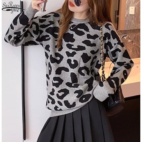 Autumn New 2021 Pullover Female Jumper Mujer Loose Oversized O-Neck Knitted Sweaters Woman Leopard-print Tops Temperament 17062