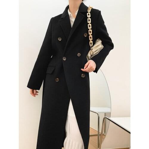 Black Hepburn style double-breasted loose mid-length double-sided cashmere coat women 2021 new