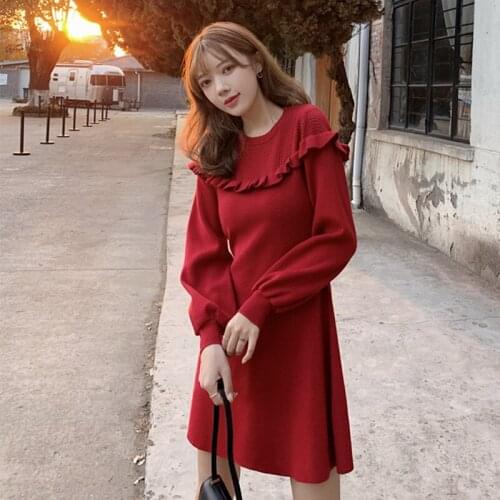 Winter New Womens Elegant Fashion Knitting Dress Ladies Solid Long Sleeve Ruffles Dresses Korean Style Clothing for Women