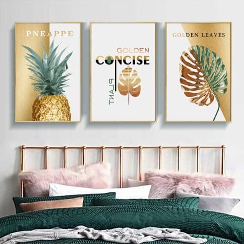 Golden Pineapple Tropical Turtle Leaves Modern Canvas Paintings Poster Print Nordic Wall Art Pictures for Living Room Home Decor