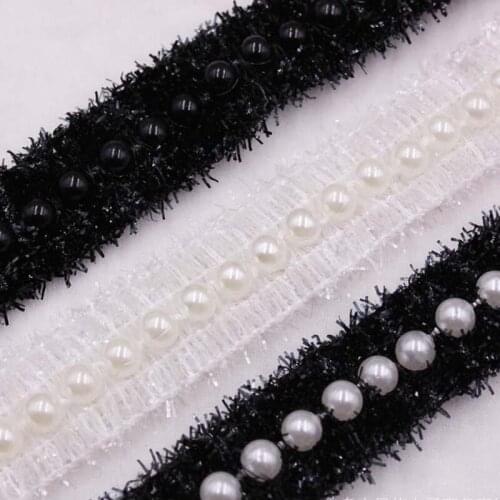 1Yards White Black Pearl Beaded Lace Ribbon Trim African Lace Fabric Embroidered Handmade Costume Dress Skirt Sewing Material