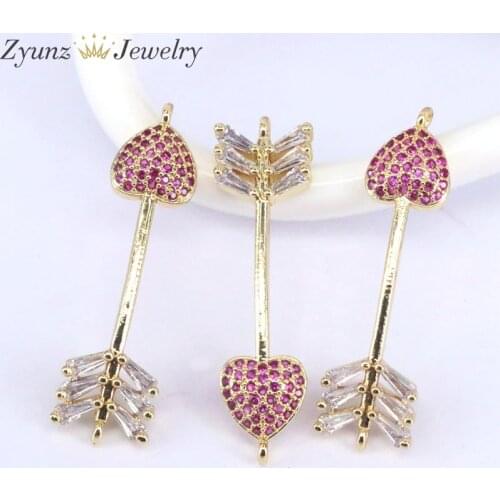 10PCS, Cupids Arrows Connector Beads for Bracelets, Heart CZ Arrow Beads, Gold Plated over Brass