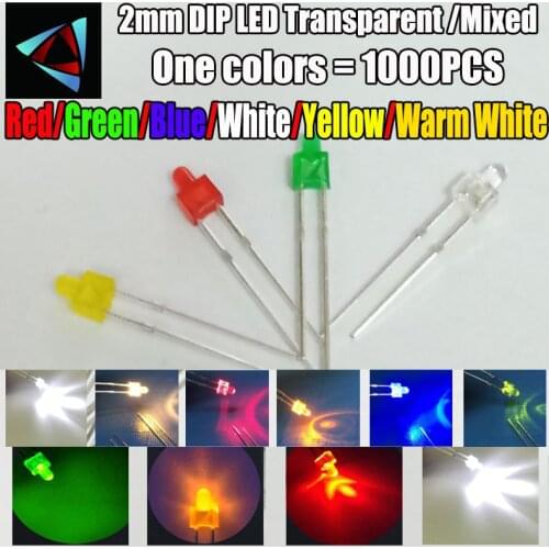 1000Pcs 2MM LED Diode Transparent Mixed Color Red Green Yellow Blue White orange warm