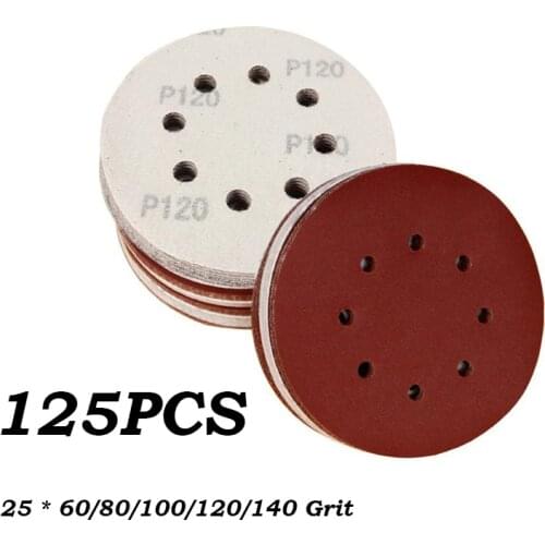 125PCS 125mm Round Sandpaper Sanding Sheet 8Holes Hook and Loop 40/60/80/120/240 Grit for Polish Grinder Power Tools Accessoires