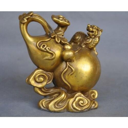 5'' China Folk Brass Calabash Bottle Guard Foo Dog Dragon Statue
