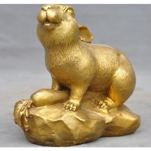 5" Chinese brass Feng Shui auspicious carrot Bunny rabbit Zodiac animal statue