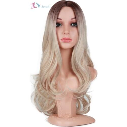 Uenel Wigs Long Wavy Ash Blond Ombre Wigs for Women Dark Brown Roots Body Wave Middle Part Synthetic Full Wig Cosplay Wigs