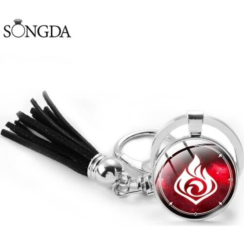 Genshin Impact Keychain Game Cosplay Prop Eye of God Keyring Water Wind Thunder Fire Rock Ice Element Leather Tassel Key Chain