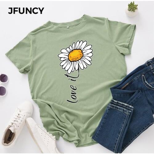 JFUNCY Plus Size S-5XL Women T-shirts Female Short Sleeve Tee Tops Daisy Print Woman Casual Tshirt 2021 Summer Cotton T Shirt
