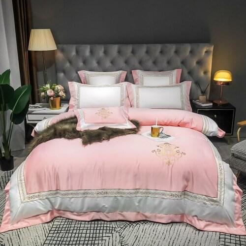 Pink egyptian cotton gold embroidery Bedding Set Bed cover queen king size rubber fitted sheet Duvet Cover 4pcs Bed set