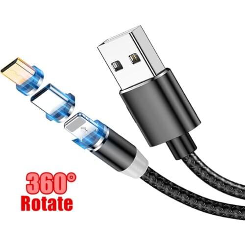 1m 2m 360 Rotate LED Charging Cable For Samsung Galaxy J4 J6 J7 Huawei Y6 Y9 2019 Honor 8X 7A Magnetic Micro USB Type C Charger