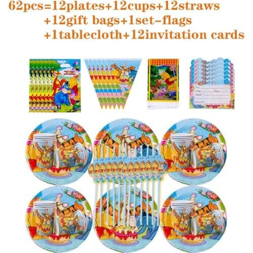 1set Disposable Tableware Set Disney Winnie The Pooh Kids Boy Theme Birthday Party Decoration Supplies Plate Napkin Straw Cup