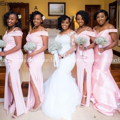 Sexy Split Light Pink Mermaid Bridesmaid Dresses Long Floor Length Sleeveless Women Prom Dress Wedding Party Gown Plus Size