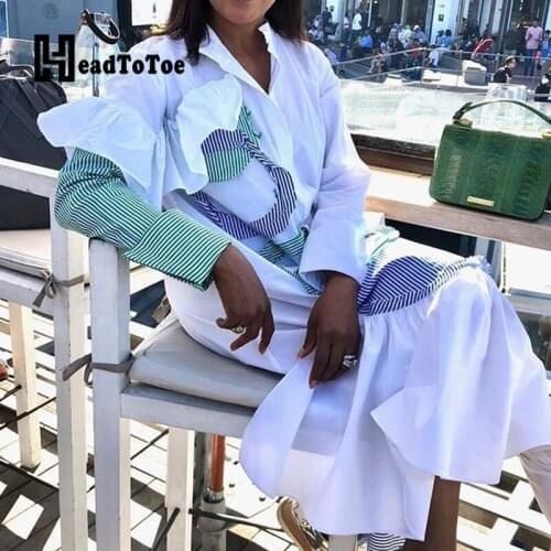Striped Print Ruffles Patchwork Fashion Dresses for Women Full Sleeve Stand Collar Mid-calf Irregular Dress Women