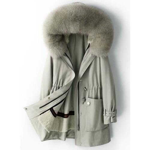 Rex Rabbit Fur Liner Fox Fur Collar Parka Womens Mid-Length Detachable Fur Coat