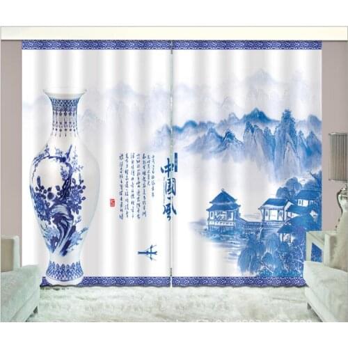 Curtain Luxury Blackout 3D Window Curtain Living Room office Bedroom Blue and white porcelain Drapes Rideaux Cortina pillowcase