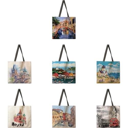 Oil painting construction tote bag shoulder bag linen fabric casual tote bag foldable shopping bag reusable beach bag