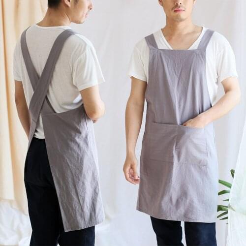 Japanese simple hand-made cotton linen grey/beige apron men female adult kitchen bib customized logo