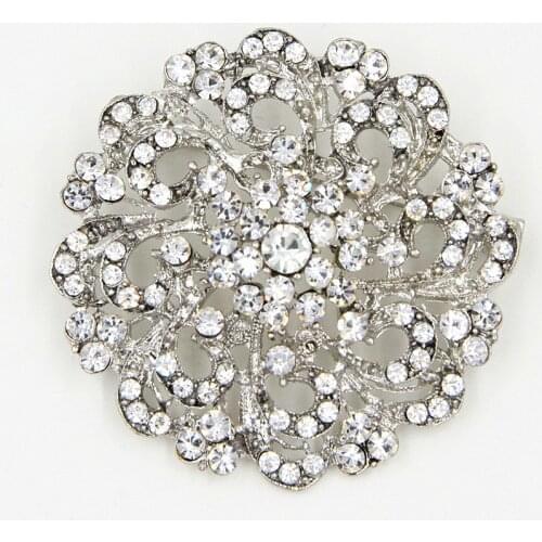 Vintage Style Rhodium Color Alloy Clear Crystal Round Flower Brooch Pin Wedding Bridal Bouquet Pins Women Party Garment Corsage