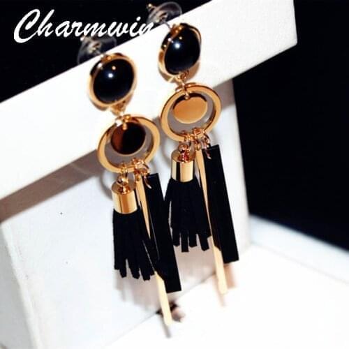 Charmwin Green/black Leather Tassel Long Dangle Earrings For Women Fashion Jewelry Wood Exaggerated Vintage Drop Earrings PE1322