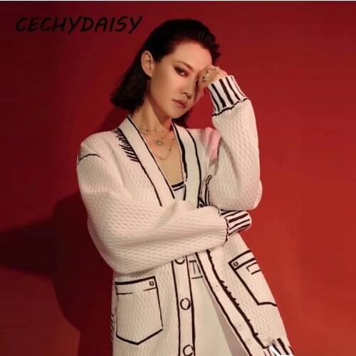 White 2021 runway fashion loose jackets women black striped graffiti pattern V-neck pocket hollow out sexy casual coat cardigans