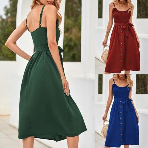 Women Summer Dress Female Vestidos Women Dress Off Shoulder Ruffles Summer Suspender Buttons Lace-up Dress Sleeveless Dress 2021