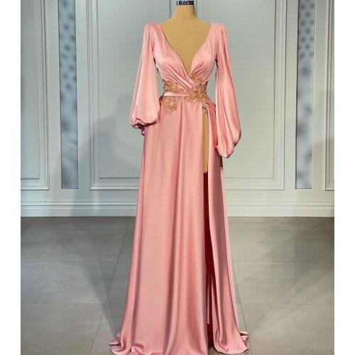 Pink Sexy Evening Dresses for Women Satin Deep V Neck High Side Split Prom Dress Long Sleeve Formal Vestidos De Novia