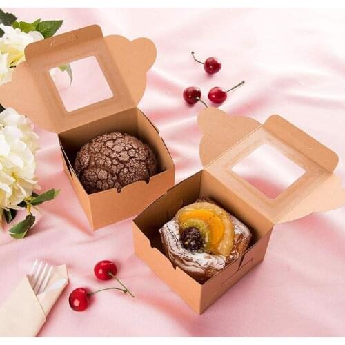 100Pcs/Lot 3 Size Kraft Paper Cake Box With Window Gift Packaging For Wedding Home Party White Brown Kraft Paper Box wholesale