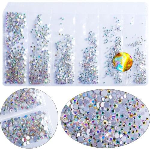 6 Size Colorful Clear Crystal AB Nail Art Rhinestones Non HotFix Glass Strass Decorating DIY for dance costumes 1728pcs/pack